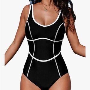 Cupshe Women’s Medium One Piece Scoop Neck Swimsuit Black White Contrast New 10